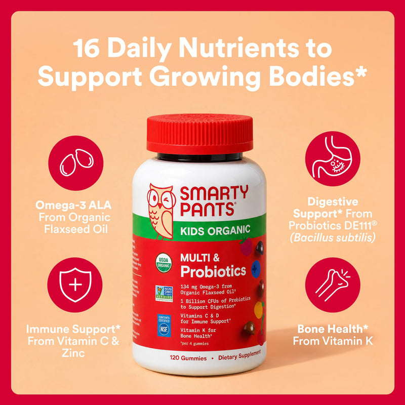 SmartyPants Organic Kids Multivitamin Gummies: Probiotics, Omega 3 (ALA), Vitamin D3, C, Vitamin B12, B6, A, K & Zinc for Immune Support, Biotin, Three Fruit Flavors, 120 Count (30 Day Supply) 30 Servings Organic + Probiotics