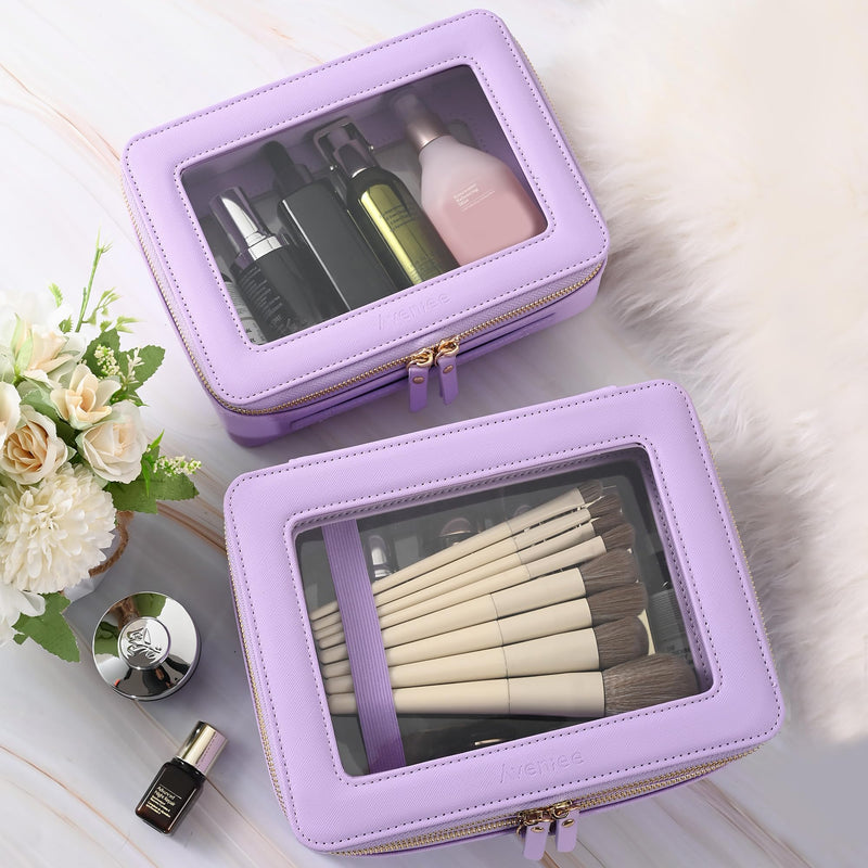 Aveniee Clear Makeup Bags, Double Layer Cosmetic Bags with a Separate Brush Compartment, Large Travel Toiletry Bag Train Case for Women, Travel Accessories Organizer.2 Layers Large, Lilac Dual Layer Large