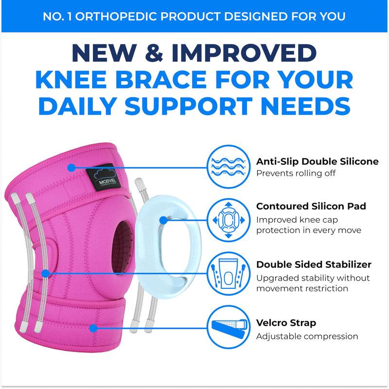 [Australia] - MODVEL Knee Brace with Side Stabilizers | FSA or HSA eligible | Patella Gel Pads Knee Support Braces for Knee Pain, Meniscus Tear,ACL,MCL,Arthritis, Joint Pain Relief,Injury Recovery. (S/M Pink) Small/Medium B Pink 1 