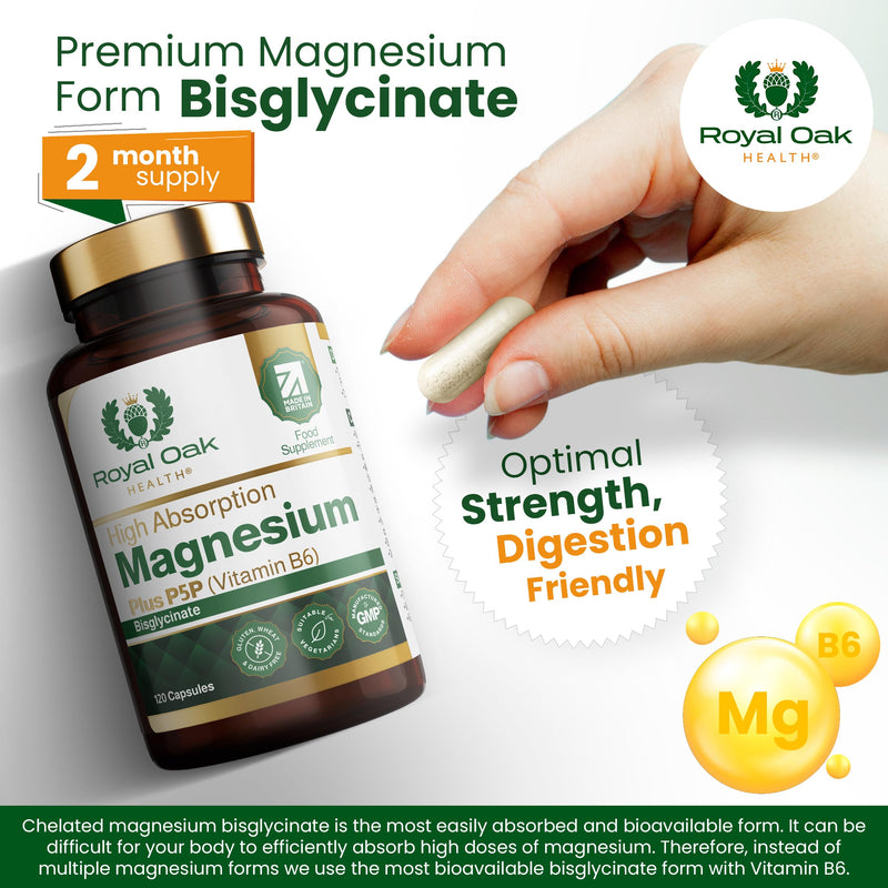 Magnesium Bisglycinate 200mg Plus P5P Vitamin B6 x120 Capsules | Advanced Chelated Formula for Optimal Absorption 200mg of High Strength Elemental Magnesium - Vegan & UK Made by Royal Oak Health