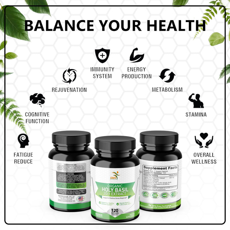 [Australia] - Organic Holy Basil 20:1 Extract, Max Potency, 2.5% Ursolic Acid, 120 Vegan Capsules, 4-Month Supply, Concentrated & Standardized 20X Tulsi Extract, 100% Certified Organic, Non-GMO 