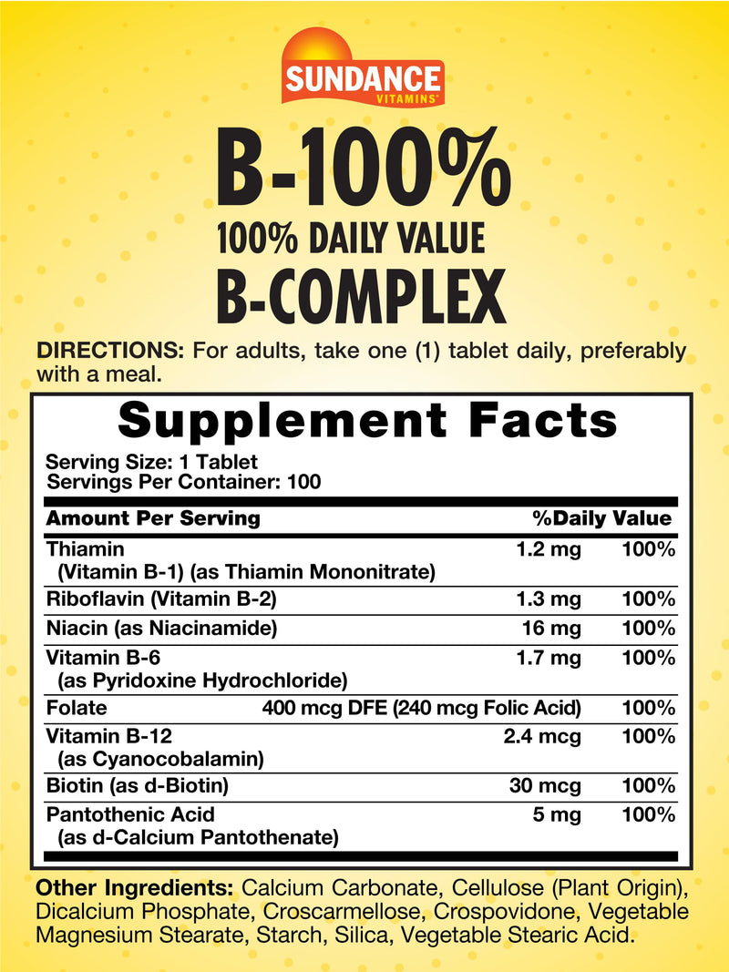 Sundance Vitamin B-Complex 100% Daily Value | 100 Tablets | Vegetarian, Non-GMO, and Gluten Free Supplement