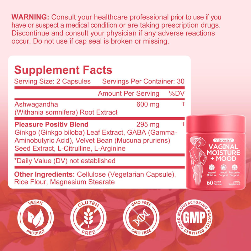 Vaginal Moisture Support Capsules, Support Vaginal Moisture, Mood & Relaxation for Women, Feminine Health Supplement for Vaginal Dryness with Ashwagandha, GABA, Ginkgo Biloba, Mucuna Pruriens, 60 Caps