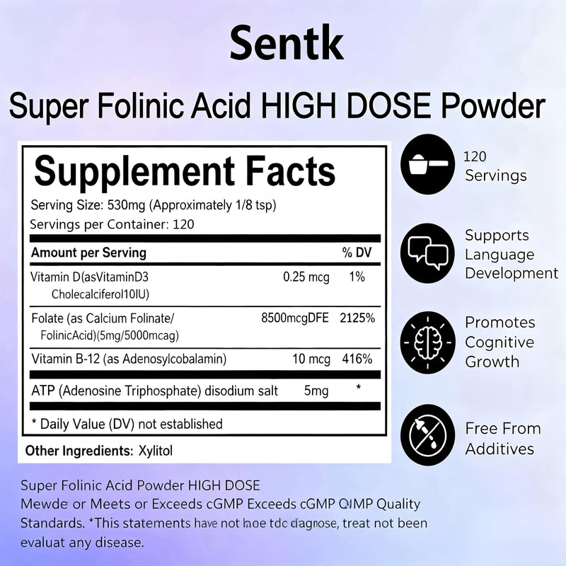 Sentk Super Folinic Acid High Dose Powder - Folinic Acid Supplement with B12 & ATP, Gluten-Free Dairy-Free Soy-Free, Supports Folic Acid Metabolism & Neurodevelopment 63 g（2 Pack ）