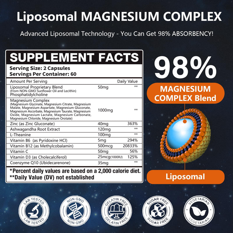 2 Packs Liposomal 12 Active Types Magnesium Complex 1400mg (Glycinate,Citrate,Malate etc) Capsule - with Vitamin D3, B6, B12, Ashwagandha & CoQ10 for Adult-Support Relaxation,Muscle & Heart 12 Types Magnesium Tasteless 120 Count (Pack of 2)