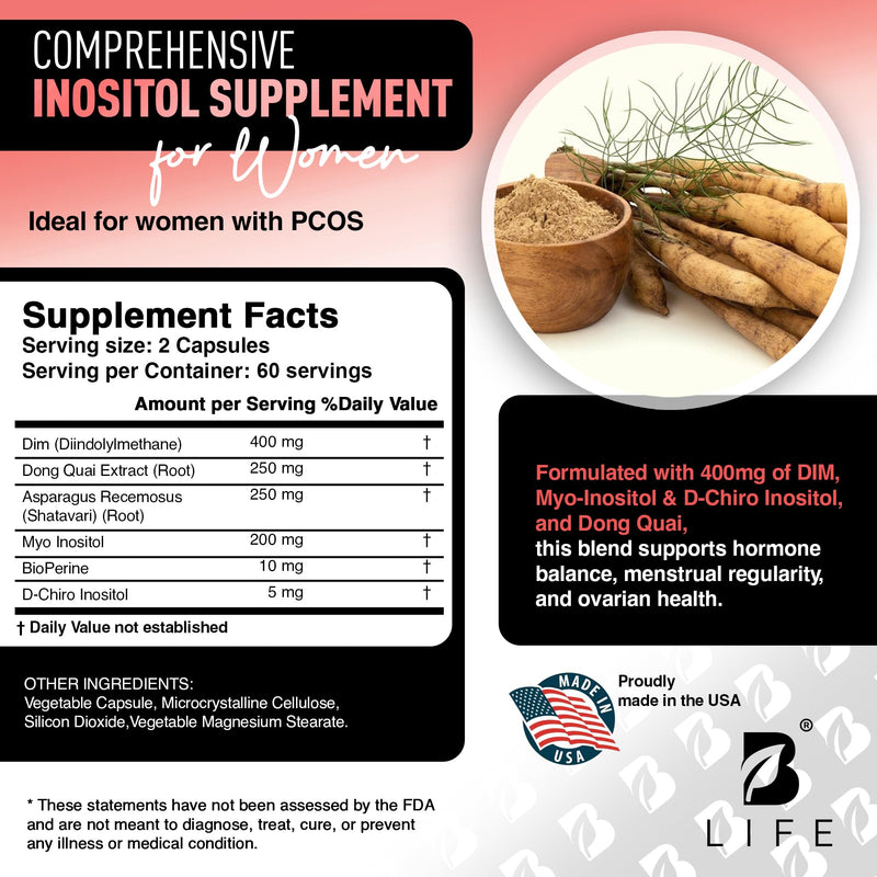 [Australia] - DIM Supplement 400 mg with Myo & D-Chiro Inositol, Dong Quai - PCOS Supplements – Hormone Balance for Women – Fertility Supplements – Inositol Supplement - 120 Caps 120 Count (Pack of 1) 