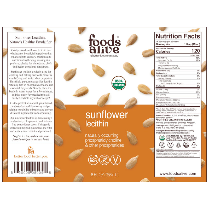 [Australia] - Foods Alive Organic Sunflower Lecithin Liquid, Cold-Pressed, Extra-Virgin, Unrefined, 8 Fl Oz (Pack of 1) 