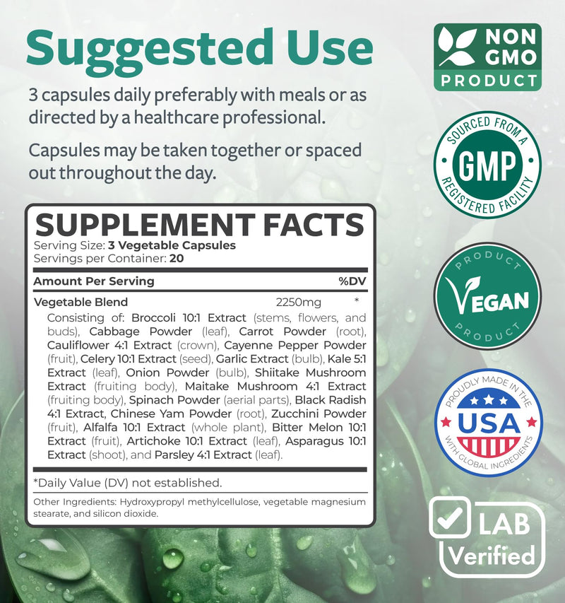 [Australia] - Super Greens Antioxidants Superfoods 2250mg Supplement - 20 Ingredients with Sprouts, Mushrooms, Roots, Garlic, Bitter Melon, Artichoke, Celery Seed, Cayenne pepper, Alfalfa NON GMO - 60 Capsules 60 Count (Pack of 1) 