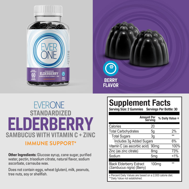 Ever One Sambucus Elderberry Gummies for Adults with Vitamin C and Zinc | Immune Support Supplement - Vegan, Gelatin Free, Gluten Free, GMO Free-Berry Flavored, Black Elderberry Immune Gummy Vitamins
