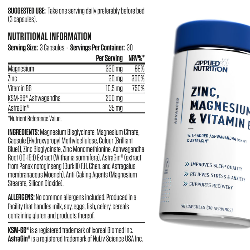 Applied Nutrition Zinc, Magnesium & Vitamin B6 with Ashwagandha Capsules - Natural Support for Hormonal Balance, Sleep Support & Stress Relief - 90 Capsules (30 Servings)
