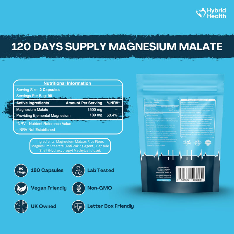 Hybrid Health Magnesium Malate 1500mg Supplement - 180 Vegan Capsules, High-Strength Formula, Independently 3rd Party Lab Tested, 3 Months Supply