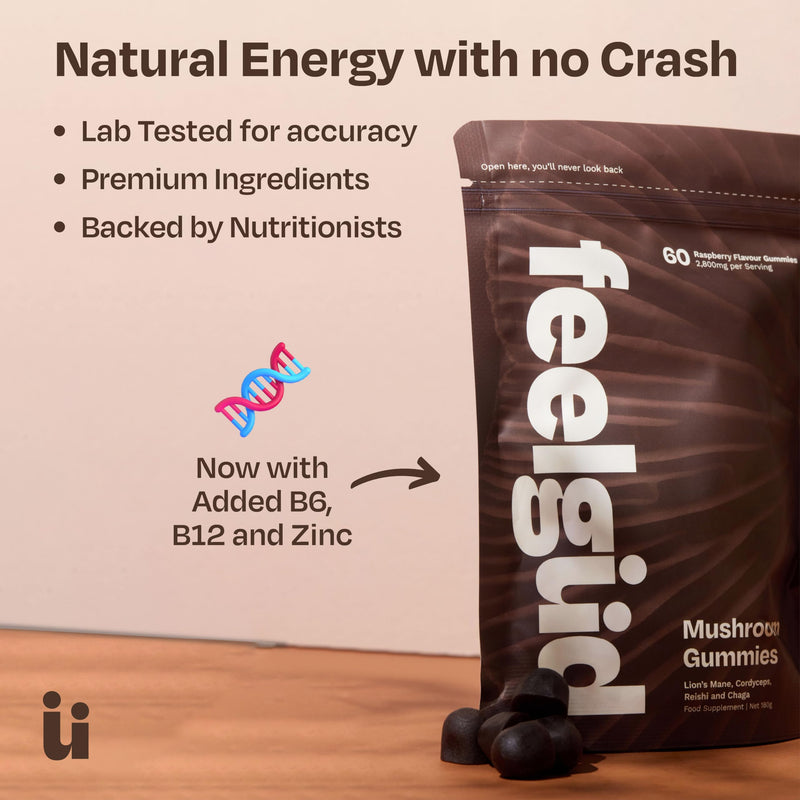 Mushroom Gummies with Lion's Mane, Chaga, Cordyceps & Reishi, 2,800mg 4-in-1 Blend with B12 & B6, 60 Raspberry Flavour Gummies, Supporting Brain Function, Sleep, Immunity & Natural Energy