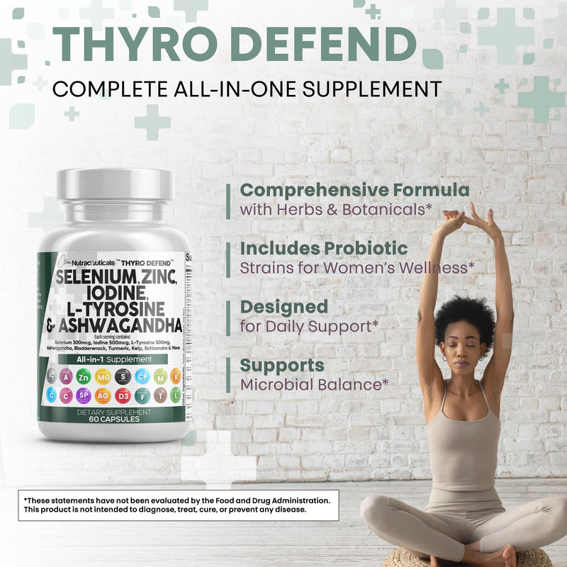 [Australia] - Clean Nutra Selenium 300mcg Iodine 500mcg Thyroid Support for Women & Men | L Tyrosine 500mg Ashwagandha Supplement Bladderwrack, Turmeric, Kelp, Schisandra Zinc Pills Capsule Supplements 