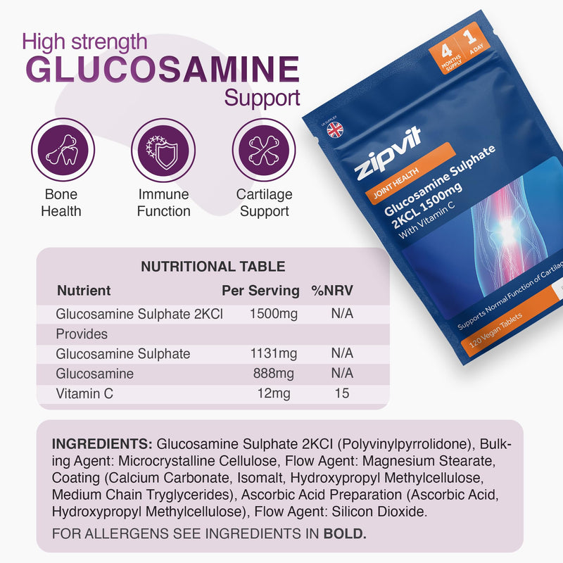 Zipvit Glucosamine Sulphate 2KCl 1500mg with Vitamin C, High Strength Joint Supplement, Supports Cartilage, Joints and Bones, Shellfish Free, 120 Vegan Tablets, 4 Month Supply, Eco Friendly Pouch