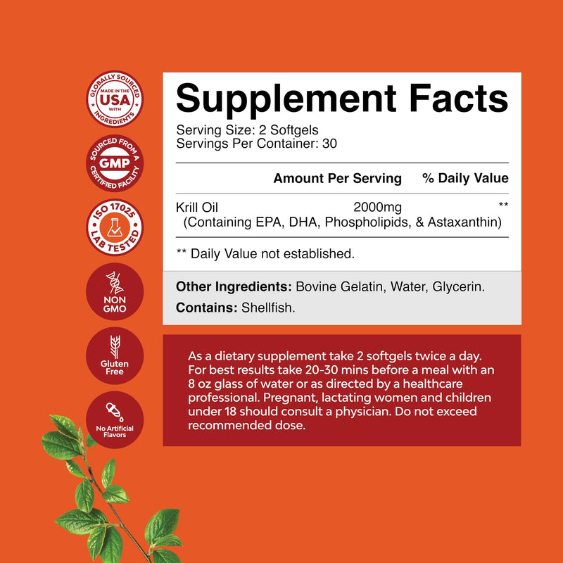 [Australia] - Antarctic Krill Oil 2000mg Softgels Per Serving - Omega 3 Krill Oil Supplement with EPA DHA & Astaxanthin for Brain Joint & Heart (60 Count (Pack of 1)) 60 Count (Pack of 1) 