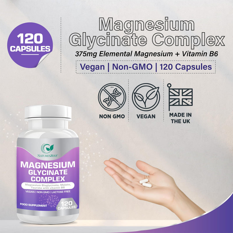 Magnesium Glycinate Complex -120 Capsules -Magnesium Glycinate Bisglycinate, Malate, Taurate with Vitamin B6, Non-GMO, Lactose Free, Muscle, Energy & Sleep Support | Vegan, Non GMO | 40 Days Supply