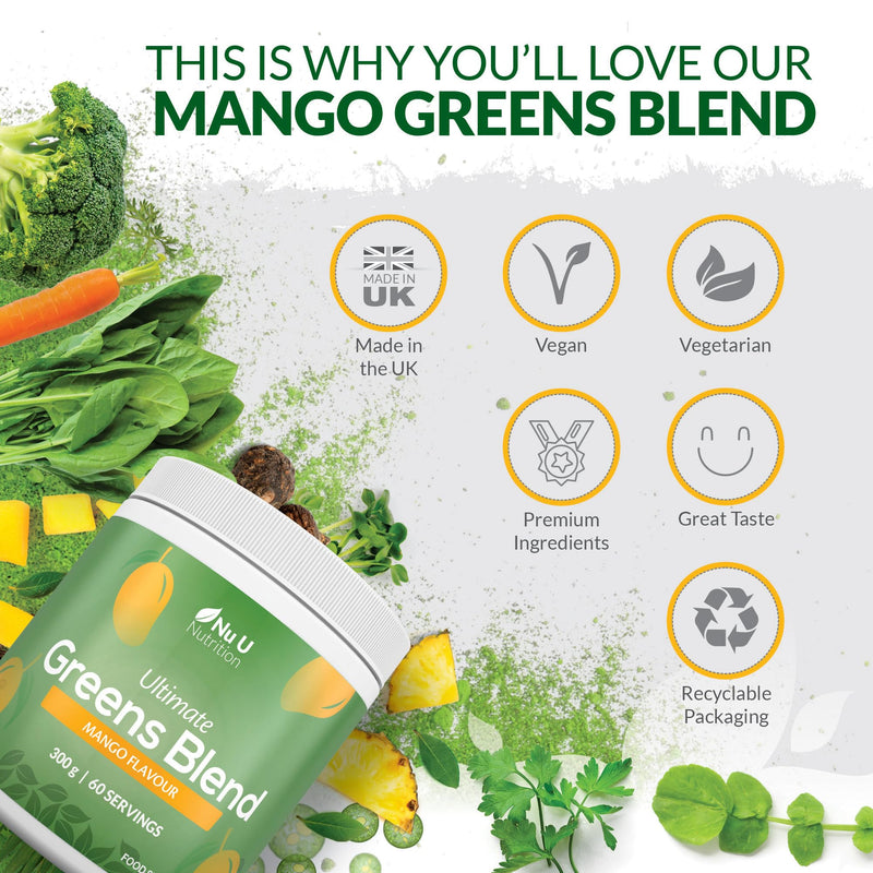 Nu U Nutrition - Super Greens Blend Mango Powder 300g - 17 Active Superfood Ingredients - 60 Servings - Vitamin & Mineral Rich Supplement - 100% Vegan, No Additives