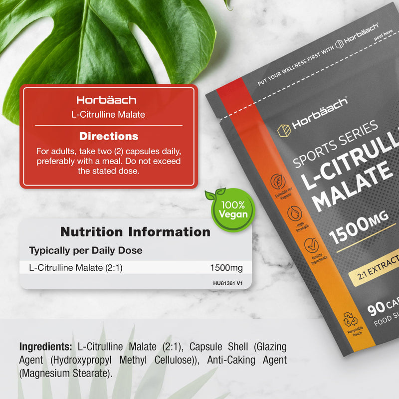 L Citrulline Malate Capsules | High Strength 1500mg Supplement for Men and Women | 2:1 Extract | 90 Count | Suitable for Vegans & Vegetarians | by Horbaach