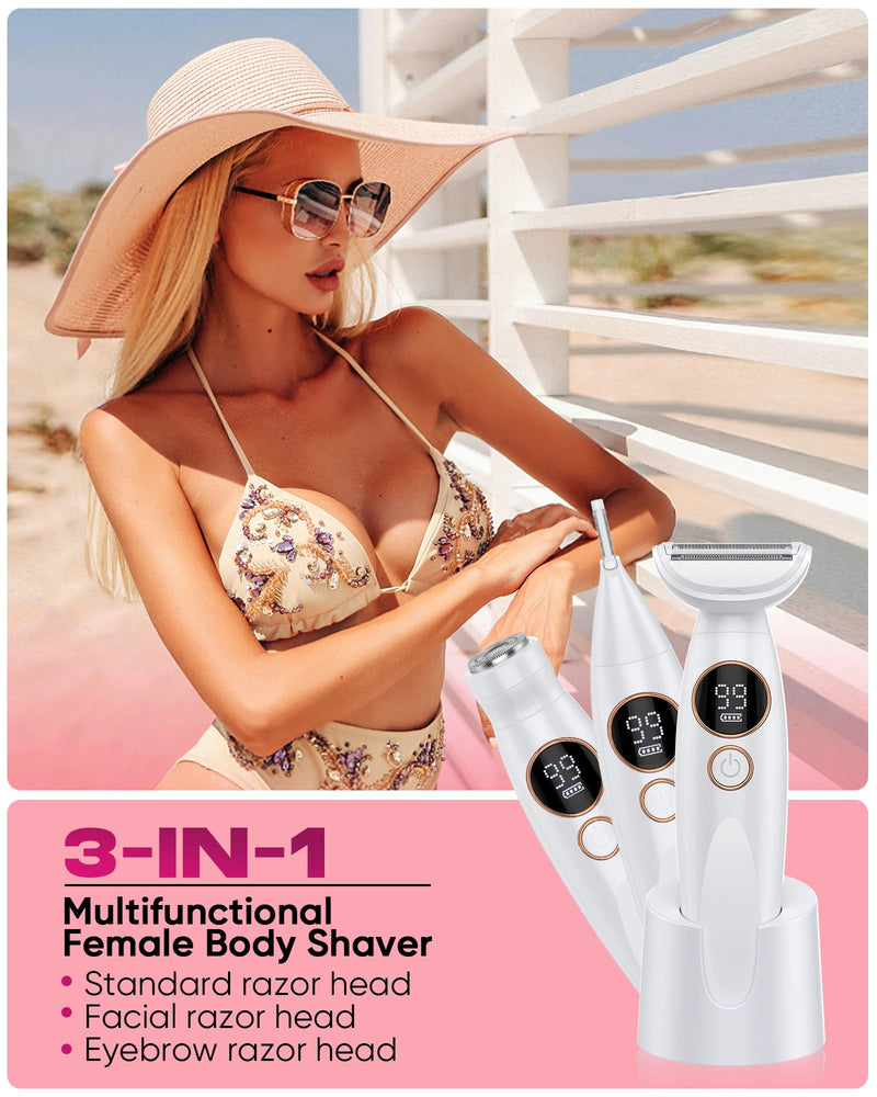 3 in 1 Bikini Trimmer for Women, Electric Razors for Women with Display, Painless Bikini Trimmer, USB Dock Charging, Electric Shaver for Woman,Shaver for Woman for Face, Body&Intimate,IPX7 Waterproof