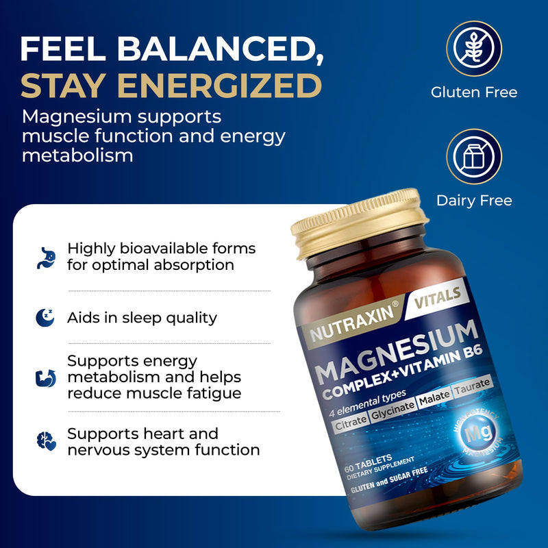 Nutraxin 4-in-1 Magnesium Complex (125g Elemental) + Vitamin B6 for Energy, Muscle Function, Bone & Fatigue - 60 Tablets with Magnesium Citrate, Bisglycinate, Malate & Taurate - Vegetarian Formula Magnesium Complex + Vitamin B6