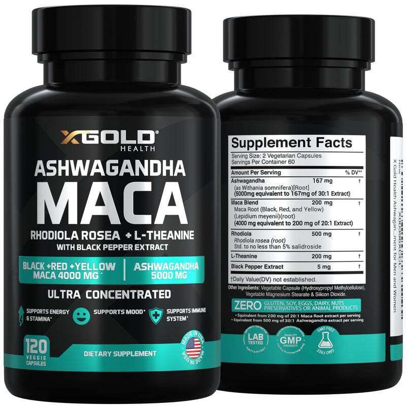 [Australia] - Ashwagandha 5,000mg + Maca Root Black, Red, Yellow 4,000mg, Rhodiola & L-Theanine: 30:1 Extract Ashwagandha Capsules, 20:1 Extract Maca Root Capsules - Supplement for Men and Women 