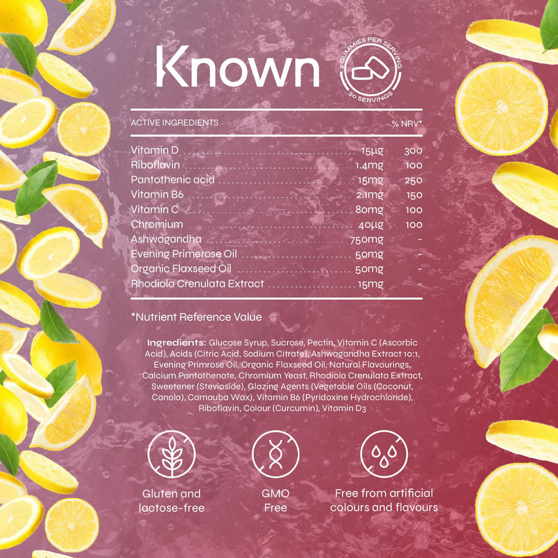 Known Hormone Balance Women’s Multivitamin Gummies – Lemon – Vitamin B6, D & C, Ashwagandha, Evening Primrose Oil – Energy, Mood & Skin Support – Vegan Gummy Supplement – For Women – 1 Month Supply Bottle