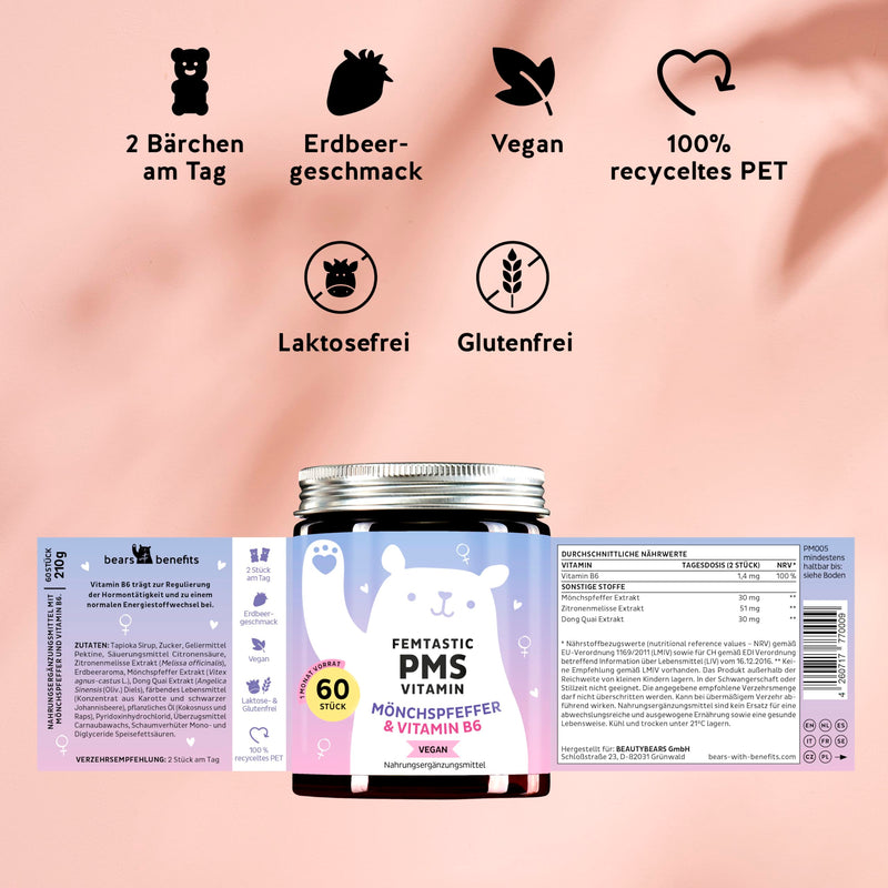 [Australia] - PMS gummy bears with high-dose chasteberry, Dong Quai, B6 - natural support - hormonal balance in women, cycle regulation - 60 pieces - Vegan - Bears with Benefits 