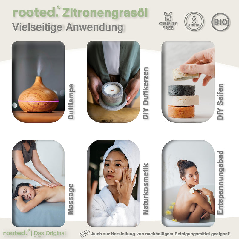 [Australia] - rooted.® ORGANIC Lemongrass Oil 10ml [100% NATURALLY PURE] - Real Lemongrass - Essential Oil for Aromatherapy, Fragrance Lamp, Diffusers, Room Fragrance, Scented Candles and Soaps Lemongrass Oil (10ml) 