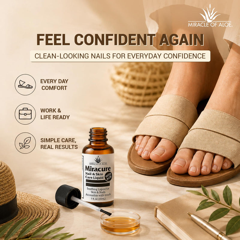Miracle of Aloe’s UltraAloe Nail Care Liquid, 1 Oz, Brush Applicator | Aloe Based Foot Care For Fingernails, Toenails, Cuticles & Surrounding Skin, Toe Separators, Tea Tree Oil, Odor Control