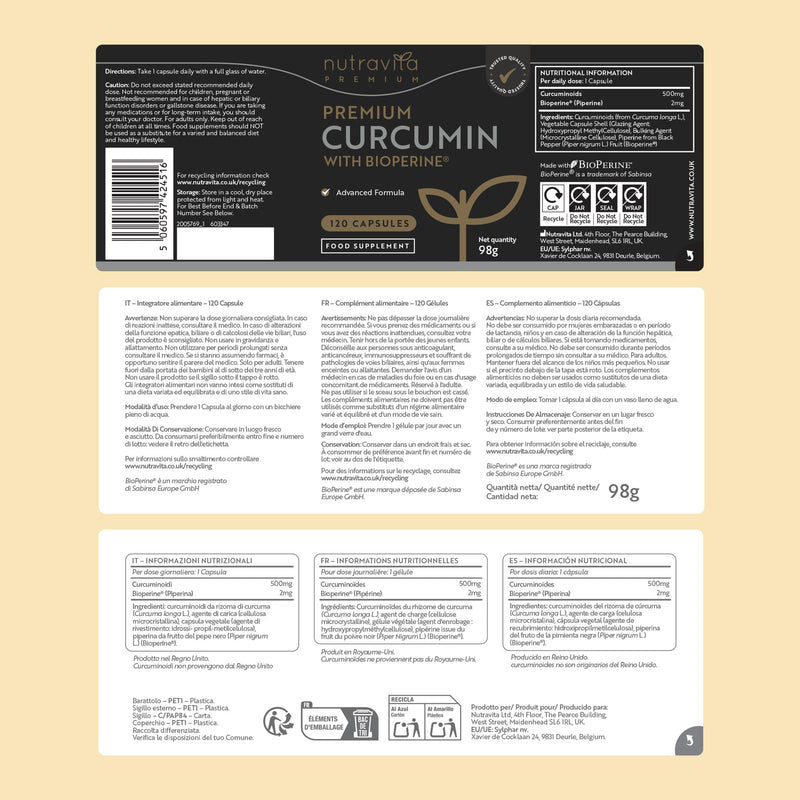 Nutravita Premium Curcumin 95% Curcuminoids with Bioperine® Black Pepper Extract - 120 High Strength Vegan Curcumin Capsules - Turmeric Tablets Alterative - Turmeric Supplement to Enhance Absorption 500mg Circumin + 2mg Bioperine