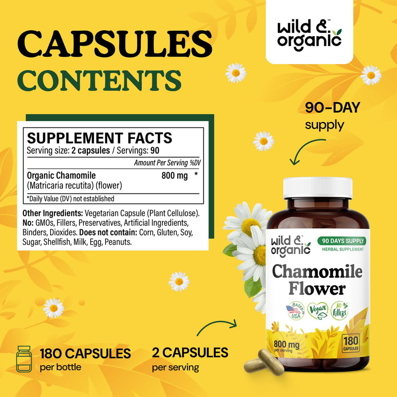 [Australia] - Wild & Organic Chamomile Extract Capsules 800 mg - Relaxation & Digestive Support - Chamomile Powder Supplement - Matricaria Recutita Herb - Vegan, No Fillers, Non-GMO - 180 Count 