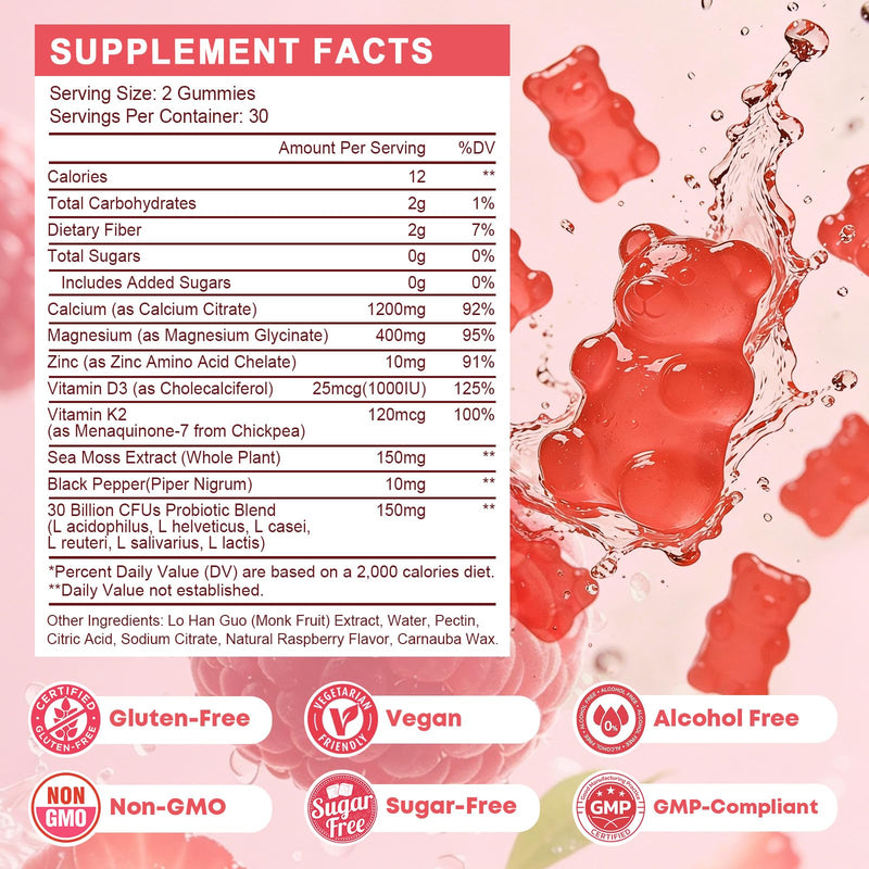 Sugar Free Calcium Citrate 1200 mg + Probiotic Gummies with Vitamin D3, K2, Magnesium – Calcium Gummies for Bone Support*, High Absorption, Women & Men, Vegan, 60 Count