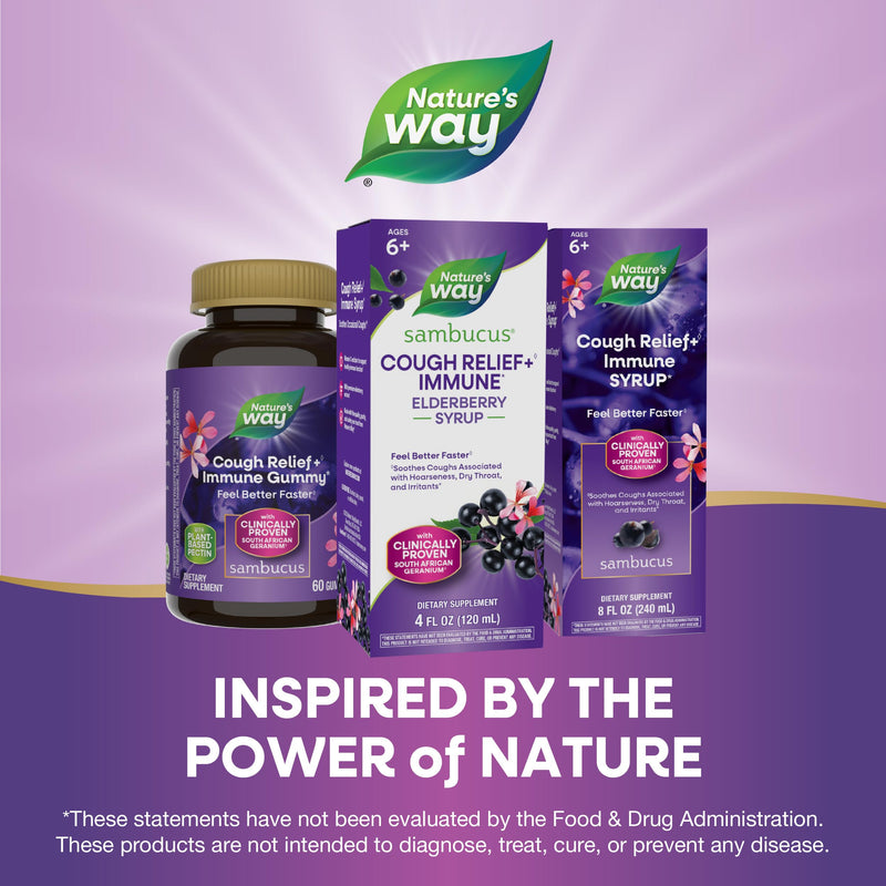 Nature's Way Sambucus Cough Relief +(1) Immune* Syrup, Vegan, 4 fl oz | Feel Better Faster(1) Clinically Proven South African Geranium, with Elderberry Extract, Vitamin C & Zinc 4 Ounce
