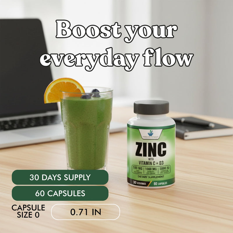 American Standard Supplements Zinc 100mg, Vitamin C 1000mg, and Vitamin D3 5000 IU (125mcg) Per Serving - Gluten Free, Non-GMO, 60 Capsules, 30 Servings 60 Count (Pack of 1)