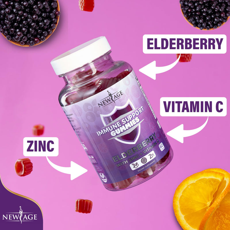 NEW AGE Immune System Support Gummies - Sambucus Black Elderberry Gummies with Vitamin C and Zinc (180 Count (Pack of 3)) 180 Gummies (Pack of 3)