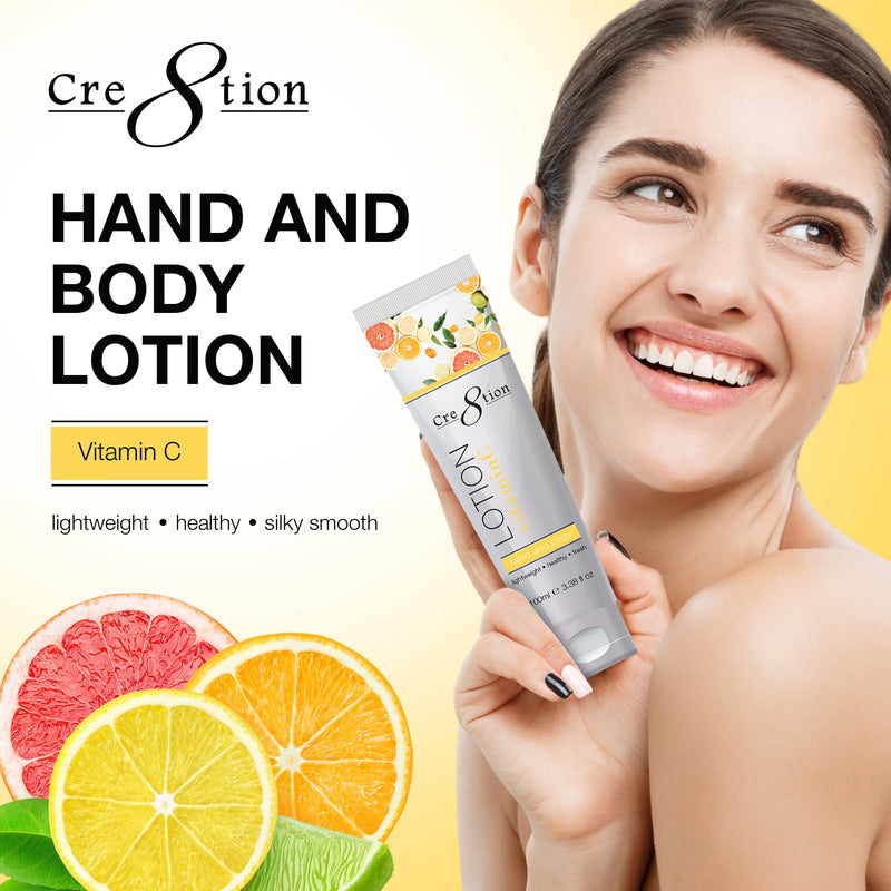 Cre8tion Vitamin C Hand & Body Lotion, Lightweight Moisturizer, 3.3 Fl Oz | Fast-Absorbing, Non-Greasy Formula Hydrates Parched Skin & Doubles as a Cuticle Cream, Vitamin C & Panthenol, Travel Size