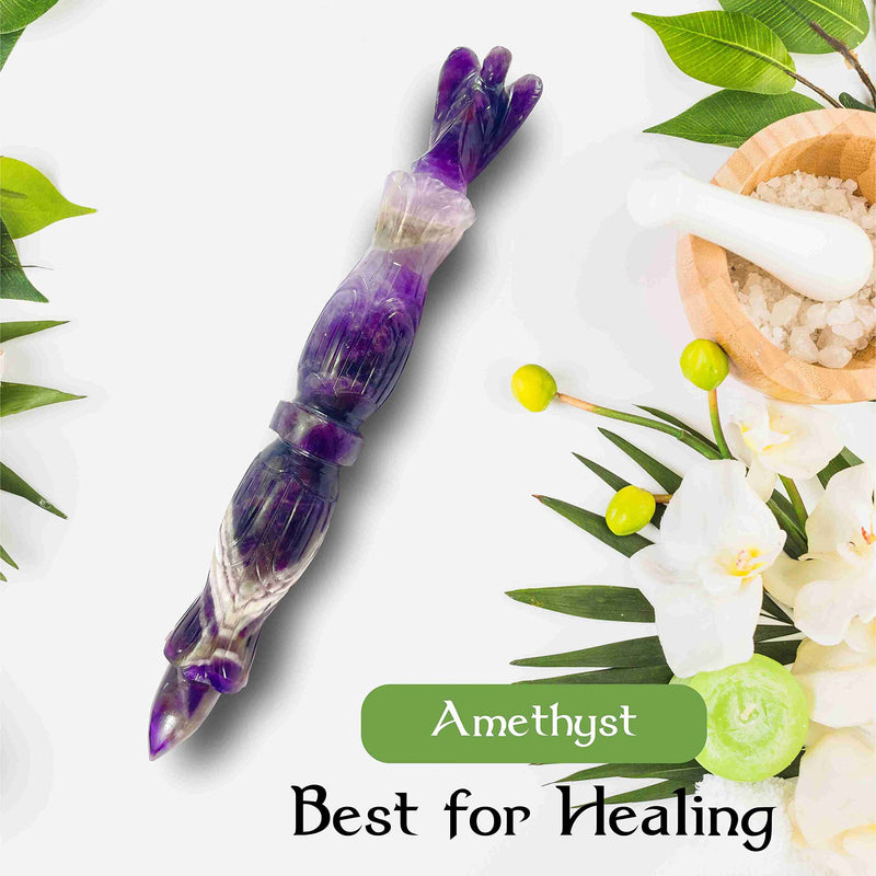 Amethyst Metaphysical Carving Healing Wand | 6" Handmade Carving Gemstone Stick Pencil for Meditation Massage Pagan| Dynamic Energy Chakra Balancing & Aura Cleansing Healing Stick Amethyst