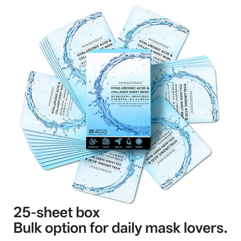 Collagen Face Mask 25PCS | With Hyaluronic Acid & Vitamin E, for dry/sensitive skin, Cruelty-free 1 Ounce (Pack of 25)