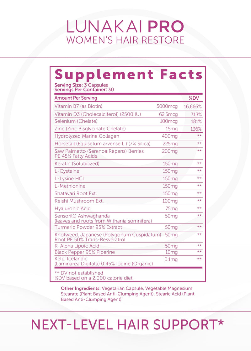 Lunakai USA Made Hair Growth Supplement for Women - Advanced 20 Nutrient with Marine Collagen, Saw Palmetto, Biotin & Keratin - Daily Hair Vitamins for Thicker Strands - 90 Capsules 90 Count (Pack of 1) Women Hair Growth Capsules