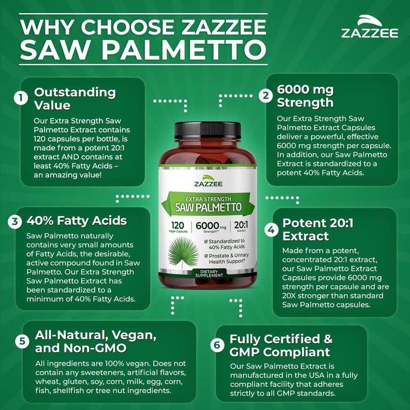 [Australia] - Zazzee Extra Strength Saw Palmetto 20:1 Extract, 6000 mg Strength, 40% Fatty Acids, 120 Vegan Capsules, 4 Month Supply, Concentrated and Standardized 20X Extract, Non-GMO, All-Natural, Made in the USA 