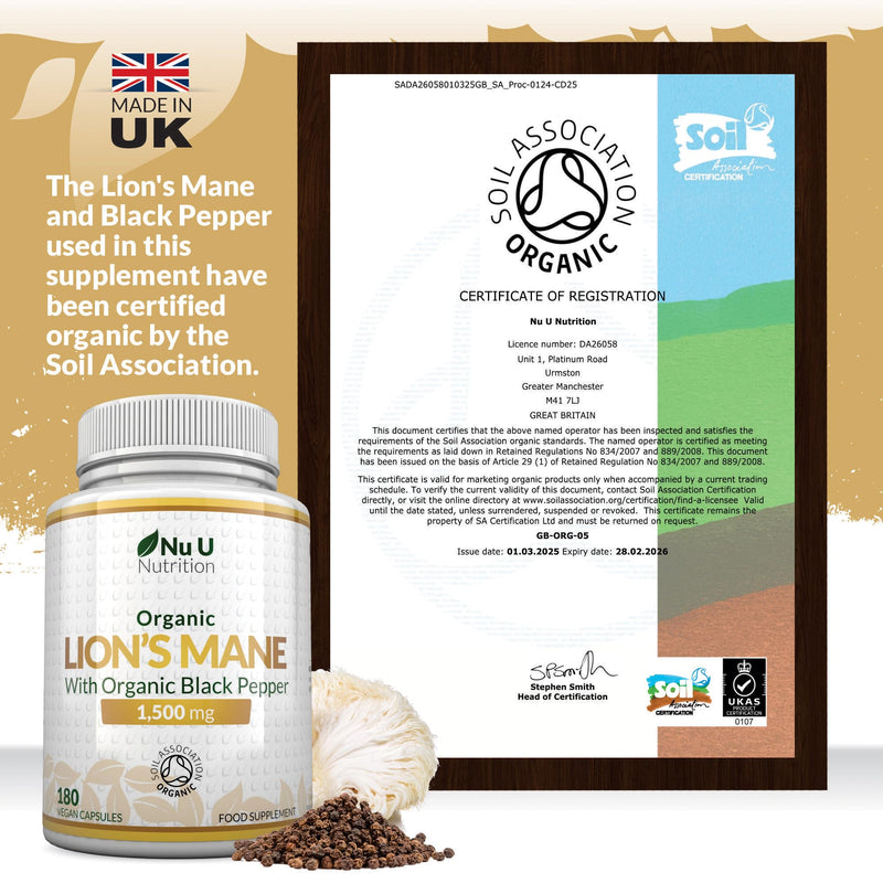 Organic Lions Mane Supplement 1500mg - 180 High Strength Vegan Capsules - 6 Month Supply - Lion’s Mane Mushroom with Organic Black Pepper - Made in the UK - Nu U Nutrition Lion's Mane