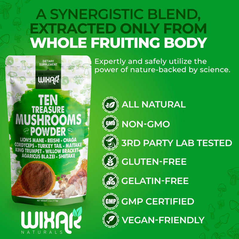 [Australia] - Wixar Mushroom Powder - Ten Treasure Mushrooms Extract Supplement Blend for Coffee & Smoothies - Lions Mane, Turkey Tail, Reishi, Chaga, Shiitake, Cordyceps, Complex - 4oz Mushroom Supplement 