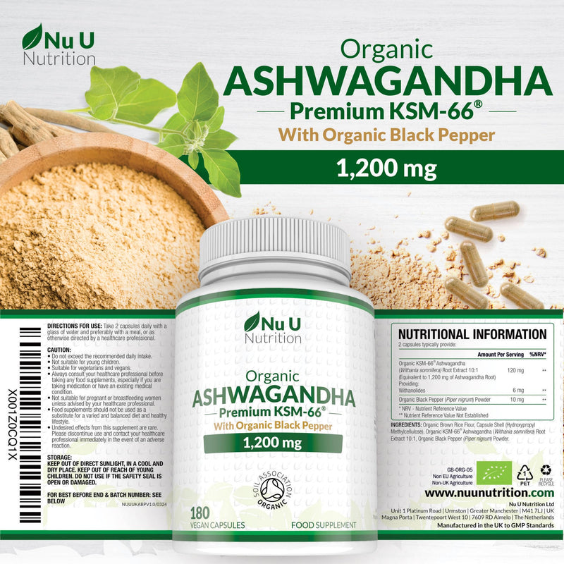 Organic Ashwagandha KSM-66® 1200mg - 5% Withanolides - 180 Vegan Capsules - High Strength Ashwaganda with Black Pepper - Soil Association Certified - Made in the UK - Nu U Nutrition