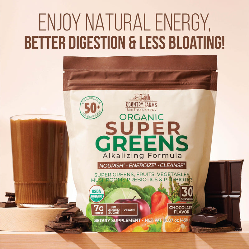 [Australia] - COUNTRY FARMS Super Greens Chocolate Flavor, 50 Organic Super Foods, USDA Organic Drink Mix (Wheat Grass, Spirulina, Chlorella) Mushrooms & Probiotics, with Fiber, Natural Energy, 30 Servings 15.87 Ounce (Pack of 1) 