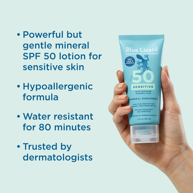 [Australia] - Blue Lizard SENSITIVE Mineral Sunscreen with Zinc Oxide, SPF 50+, Water Resistant, UVA/UVB Protection with Smart Cap Technology - Fragrance Free, 3 oz. Tube SPF 50+ 3 Fl Oz (Pack of 1) 