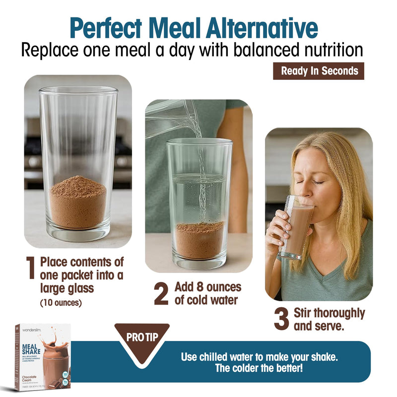 Wonderslim Protein Meal Replacement Shake Powder – 7ct (Chocolate Cream) | 15g Protein, 24 Vitamins & Minerals, Low Carb, Low Calorie, Gluten Free – Meal Replacement Drinks for Weight Management Chocolate Cream
