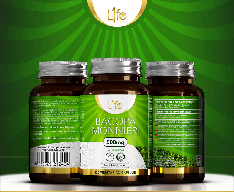 LN Bacopa Monnieri | 120 Vegan Bacopa Capsules - High Strength Brahmi Capsules - 500mg per Serving | Non-GMO, Gluten, Dairy & Allergen Free | Manufactured in The UK
