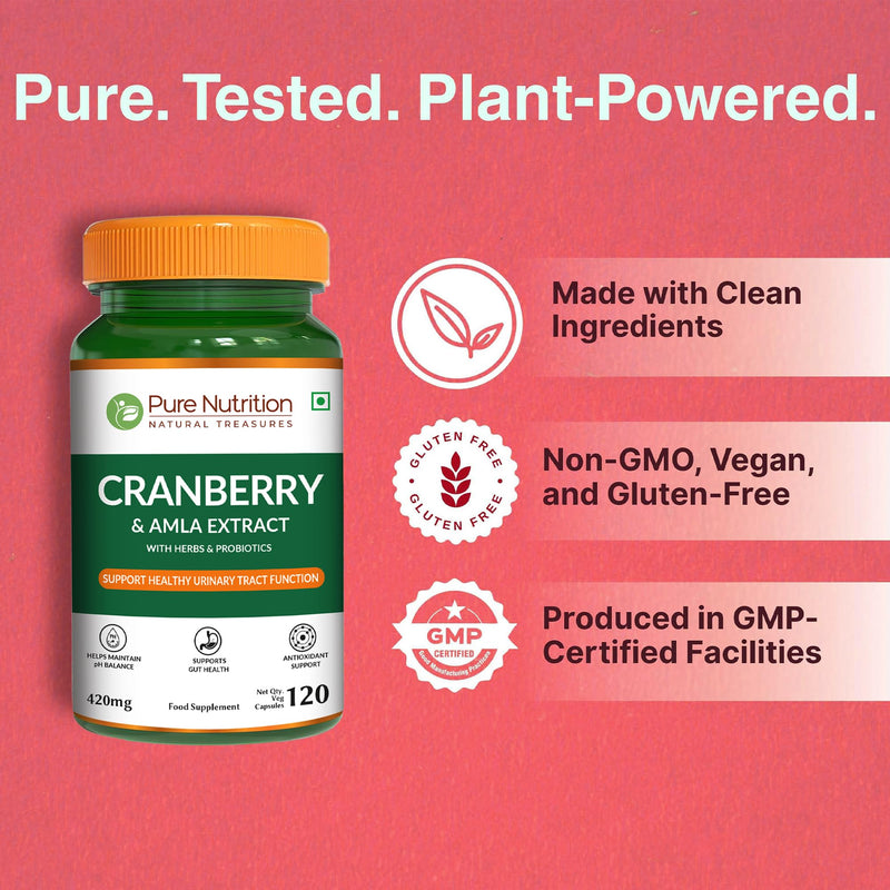 Pure Nutrition Cranberry Extract with Amla & Probiotics |120 Caps | Cranberry Extract Supports Healthy Urinary Tract Function* | Non GMO