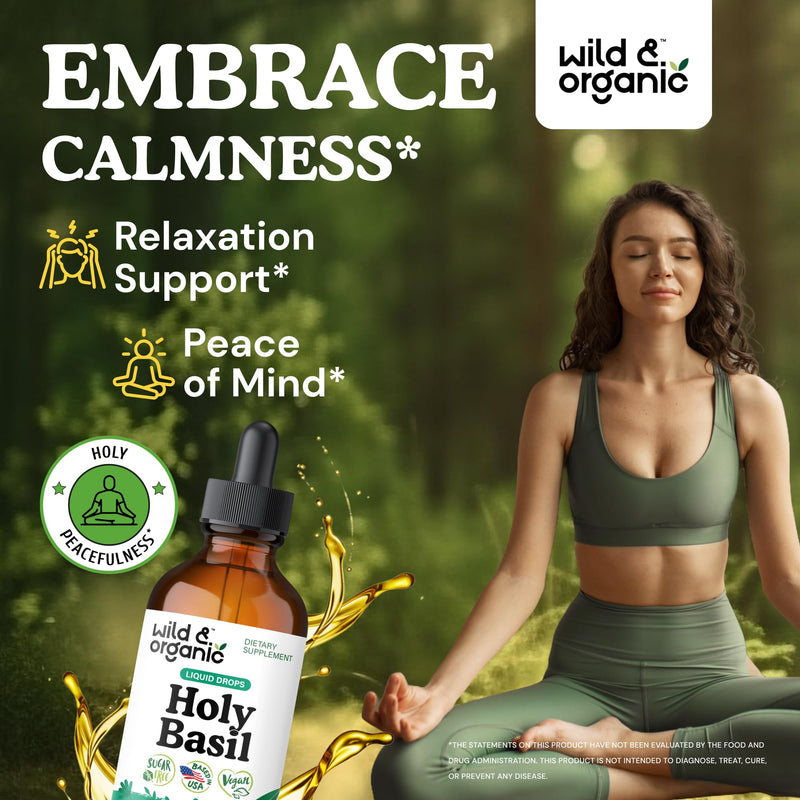[Australia] - Wild & Organic Holy Basil Tincture - Relaxation & Calmness Support - Liquid Holy Basil Leaf Supplement - Tulsi Drops - Vegan, Sugar & Alcohol-Free Extract - 4 fl oz 4 Fl Oz (Pack of 1) 