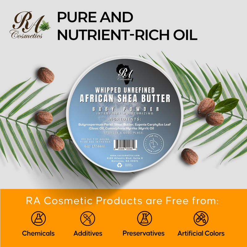 RA Cosmetics Whipped Shea Butter Baby Powder - 6oz | 100% Pure & Natural African Shea Butter for Men & Women - Ultimate Handcrafted Moisturizer with Essential Vitamins for Radiant Skin & Luscious Hair 6 Ounce (Pack of 1)